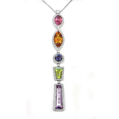 NJ Design Ladies Diamond & Multicolor Stone Necklace